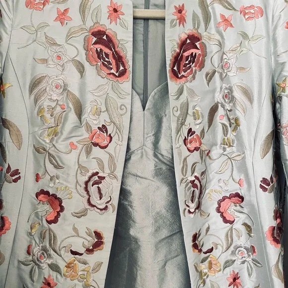 2PC Ice Blue Silk Emboridered Coat & Dress Set Size 8 - Picture 2 of 8